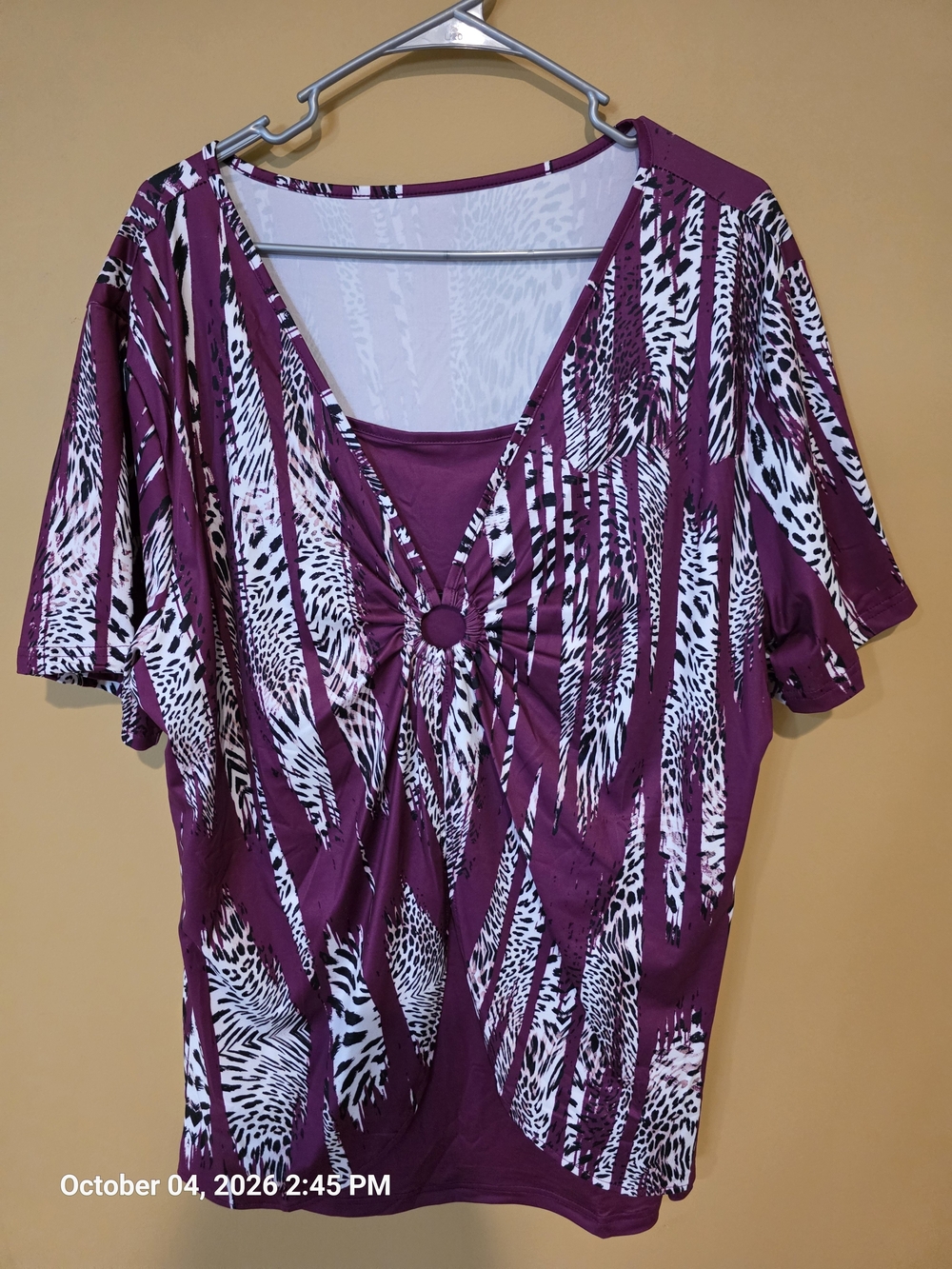 Women's Purple Patterned Short Sleeve Ring-Detail Top